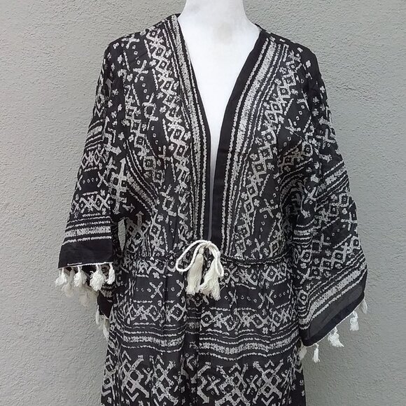 Beach by Exist Womens Boho Cotton Swim Coverup Sze L-XL Black-White Flowy Print - Picture 3 of 8